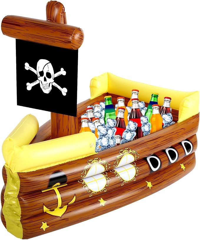 Zhanmai Inflatable Pirate Ship Drink Cooler Inflatable Serving Bar Food Container for Summer Carniva Mardi Gras Pirate Birthday Party Favor Supplies Decorations(Yellow,Funny)