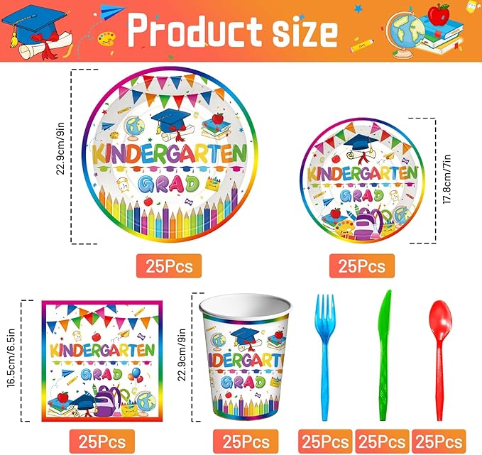 175 Pcs Kindergarten Graduation Tableware Set Party Supplies - Serves 25, Colorful Kindergarten Grad Disposable Plates, Cups, Napkins, Forks, Spoons, Knives for Kids School Graduation Decorations