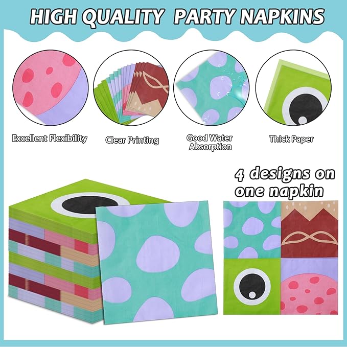 96PCS Monster Birthday Party Plates and Napkins Blue Purple Green Tableware Set Monsters Theme Parties Decor Paper Tableware Set Cartoon Monsters Plates For Monster Themed Baby Shower Party Decoration