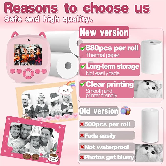 440 Pcs/5 Rolls Premium Kids Camera Paper Roll Refill, 2.2x1.1Inch(57X25mm), CILSER Thermal Paper for Most Kids Instant Camera, HD Printing, Waterproof, Non-sticky(5 Rolls)
