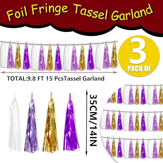 3P Metallic Fringe Tassel Banner Garland Foil Tinsel Streamer Wall Hanging Curtain Backdrop Banner for Parade Floats, Graduation, Carnival Mardi Gras Party Decorations(Gold Purple)