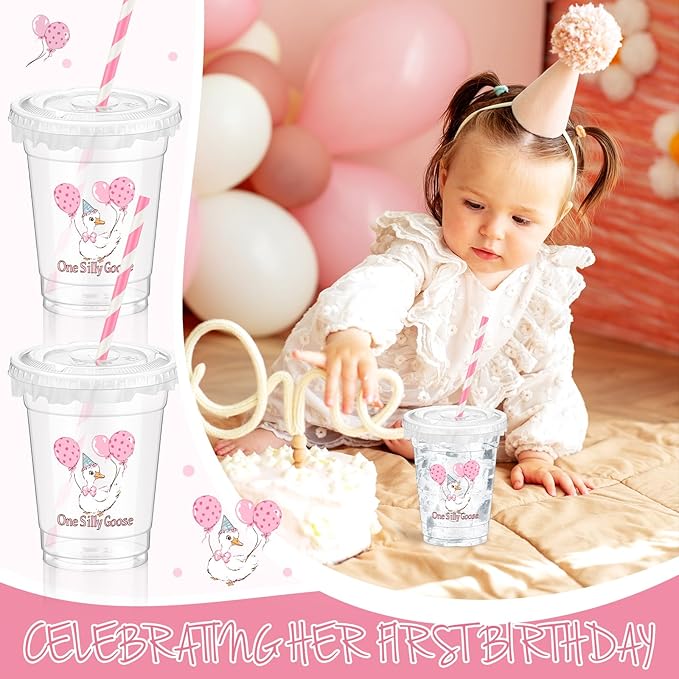 Domensi 50 Pcs One Silly Goose Birthday Party Plastic Cup 12 oz Pink Bow Goose Thick Clear Cup Mugs First Birthday Table Decorations Party Favor