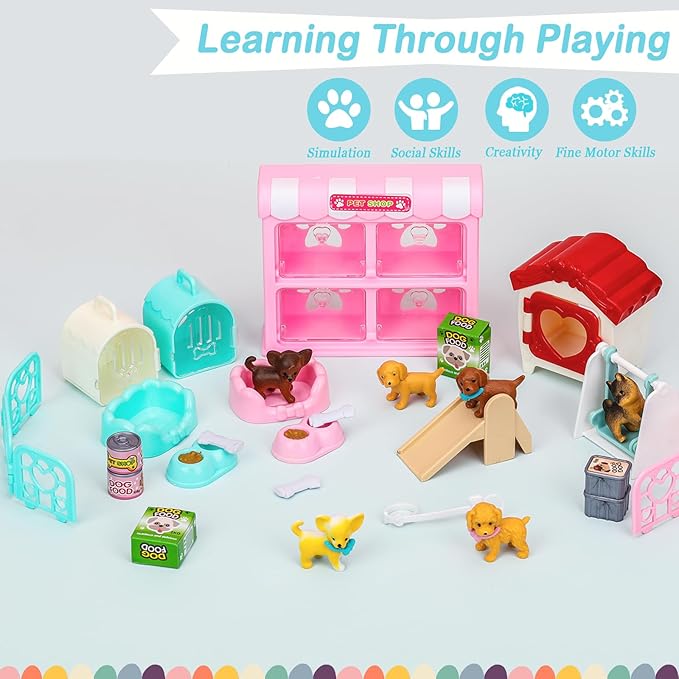 SweetAce 32Pcs Dog Toys for Kids Pretend Play Dog Figures Playset Toddlers Toy Interactive Puppy Role Play Set Realistic Dogs Care Center Birthday Gifts for 3 4 5 6+ Year Old Girls and Boys