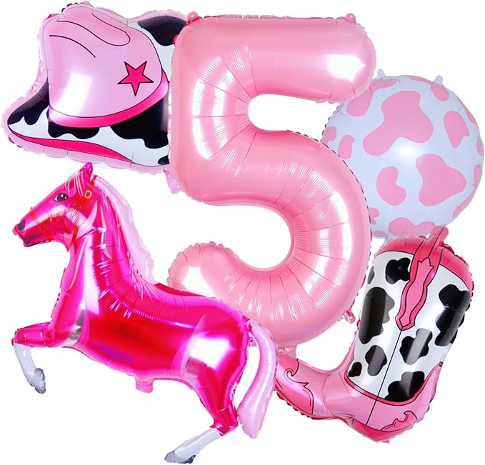 Western Cowgirl Balloons Pink 5th Birthday Party Decorations, Retro Horse Cowboy Hat Boot Balloons Girls Western Theme Rodeo Birthday Party Decorations Supplies Decor (32 Inch Pink 5 balloon)