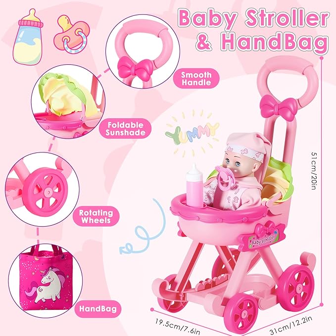 Baby Doll Stroller Toys Set, 17 PCS Baby Doll Accessories Stroller Toys with Baby Dolls,2 Sets Doll Clothes, Playpen, Handbag, Feeding Nursery Pretend Play Gifts for Girls Toddlers 3 4 5