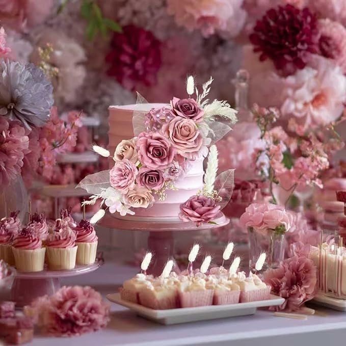 33 PCS Boho Cake Topper Decorations Vintage Artificial Rose Flowers Leaves Various Dried Pampas Grass for Cake Decorating Kit for Wedding Bridal Birthday Party Supplies