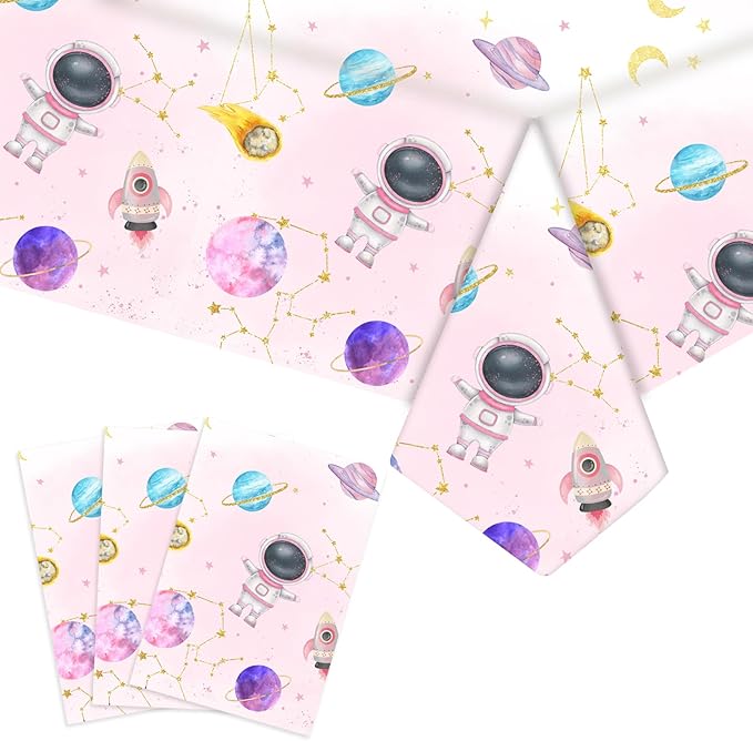 3pcs Pink Space Party Tablecloth First Trip Around The Sun Birthday Space Theme Disposable Rectangle Table Cover Decorations,Outer Space Sun Theme Party Baby Shower Supplies
