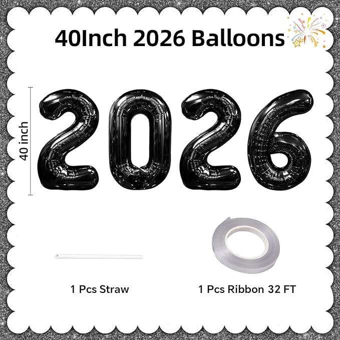 KALOR 42 Inch 2026 Black Foil Mylar Number Balloons, 2026 New Years Decorations for 2026 Happy New Year Eve and Graduations Party Supplies