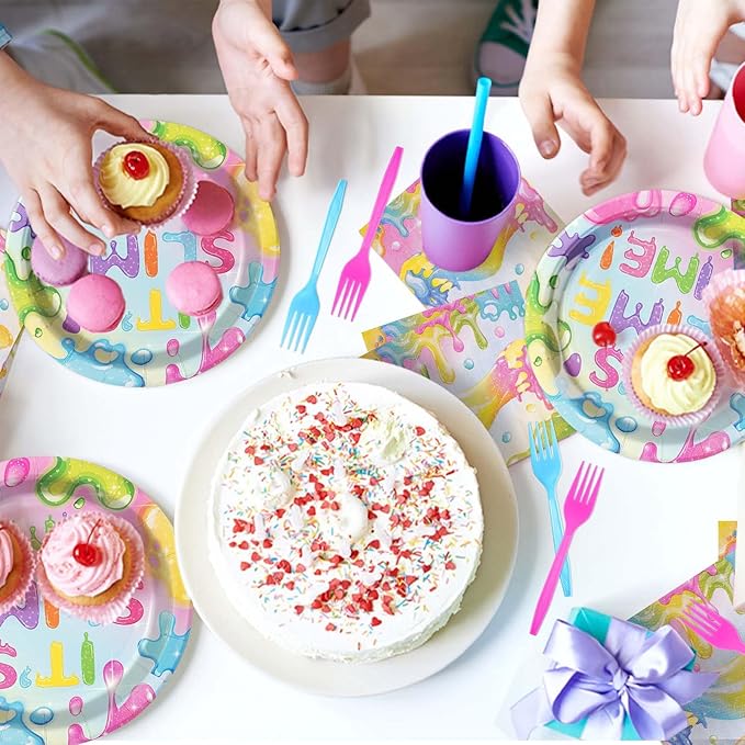 96Pcs Slime Birthday Party Decorations Colorful Slime Party Plates Disposable 350GSM It's Slime Time Paper Tableware Set for Boys Girls Glitter Slime Splatter Splash Birthday Party, Serves 24