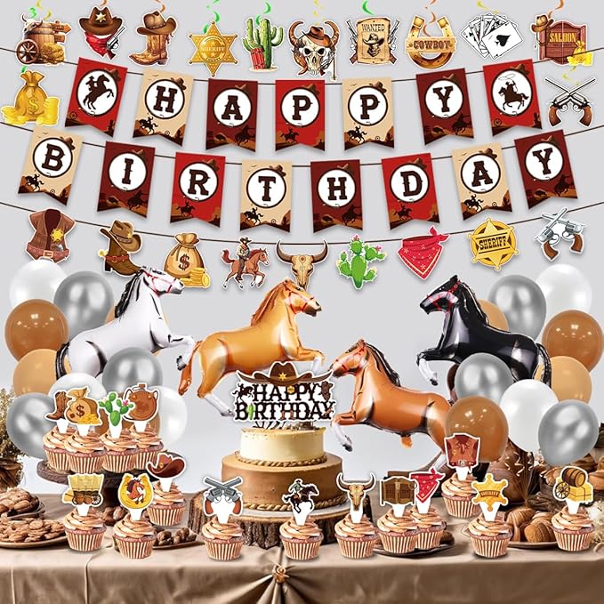 Western Cowboy Birthday Party Supplies,Western Cowboy Birthday Party Decorations Supplies Include Banner,Horse Balloons,Cake Toppers, Spiral Party Decoration