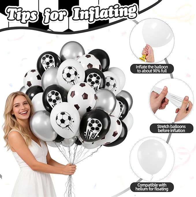 FunHot Soccer Balloons, 50 Pcs Soccer Party Balloon, 12 Inch Black White Silver Football Printed Helium Latex Balloons for Boy Baby Shower Men Birthday Football Sport Themed Game Club Party Decor