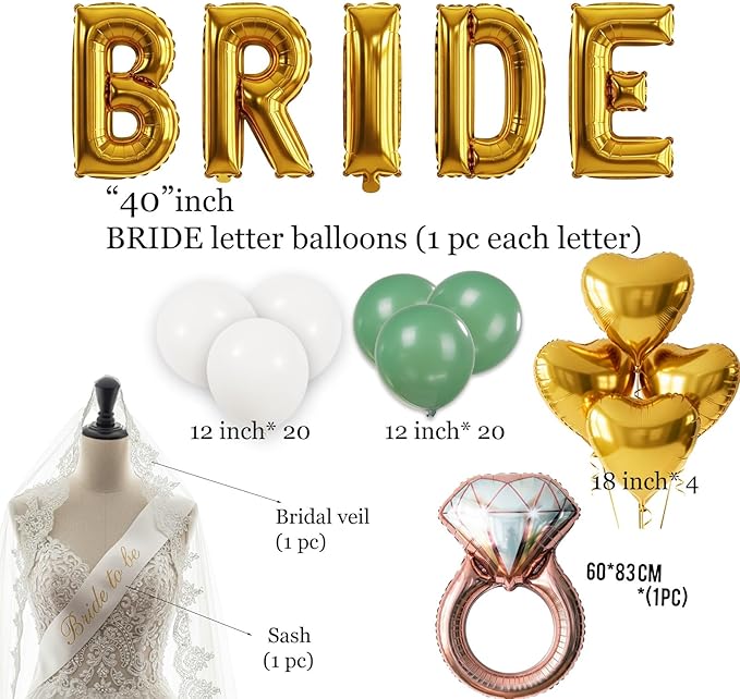Sage Green Bridal Shower party decorations with HUGE 40 Inch BRIDE letter gold Balloons BRIDE to be Sash Bridal Veil Diamond Ring Heart shape Balloons For Bachelorette party Wedding supplies