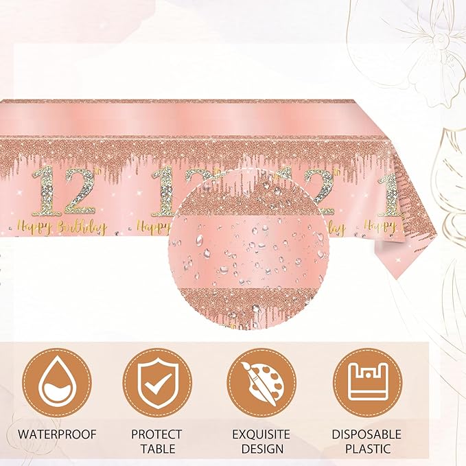 41Pcs 12th Birthday Decorations for Girls Rose Gold 12th Birthday Party Plates and Napkins,Tablecloth Happy 12 Years Birthday Party Tableware Set for 12 Year Old Girls Teenager Party Favor Supplies