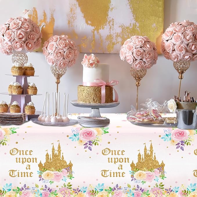 3PCS Princess Birthday Party Tablecloths Decorations, Once Upon a Time Birthday Decorations Plastic Princess Castle Party Floral Table Cover for Girls Baby Shower