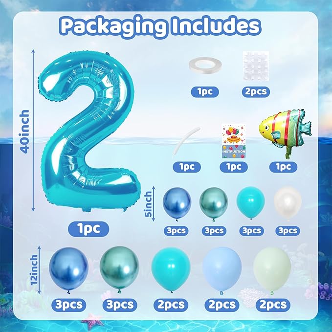 Blue Number 2 Balloon 40 Inch Ocean Under the Sea Number Two Foil Balloons Tower with Shark Bubble Fish for Boys Second 2nd Birthday Party Decor Green Underwater Digital Aluminum Balloons Stack