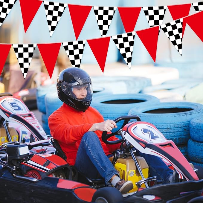 Tiamon 5 Pcs Racing Car Flag Banner Party Decorations Red Black White Checkered Triangle 49.2 Ft Flag Race Car Pennant Banner Garland Streamer for Birthday Baby Shower 2nd Two Fast Party Supply