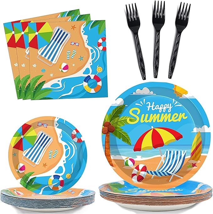 96 Pcs Beach Party Supplies Paper Plates Napkins Summer Beach Hawaiian Pool Party Birthday Decorations Favors for Kids Serves 24