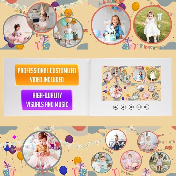 Newborn Birthday Video Greeting Card – Upload Photos for Custom Animation – Delightful Gift for Babies – 7” Digital Screen, 256MB Storage, USB Rechargeable, Full-Color Display
