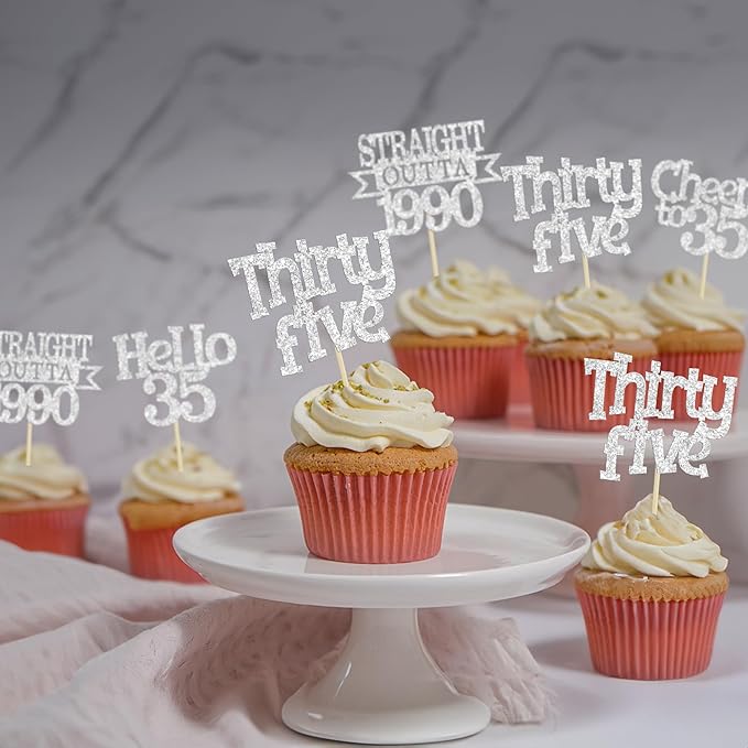 Ephlyn 24Pcs Happy 35th Birthday Cupcake Toppers Silver Thirty Five Cupcake Picks Hello 35 Cheers to 35 Years Birthday Cake Decorations for 35th Birthday Anniversary Party Decor Supplies