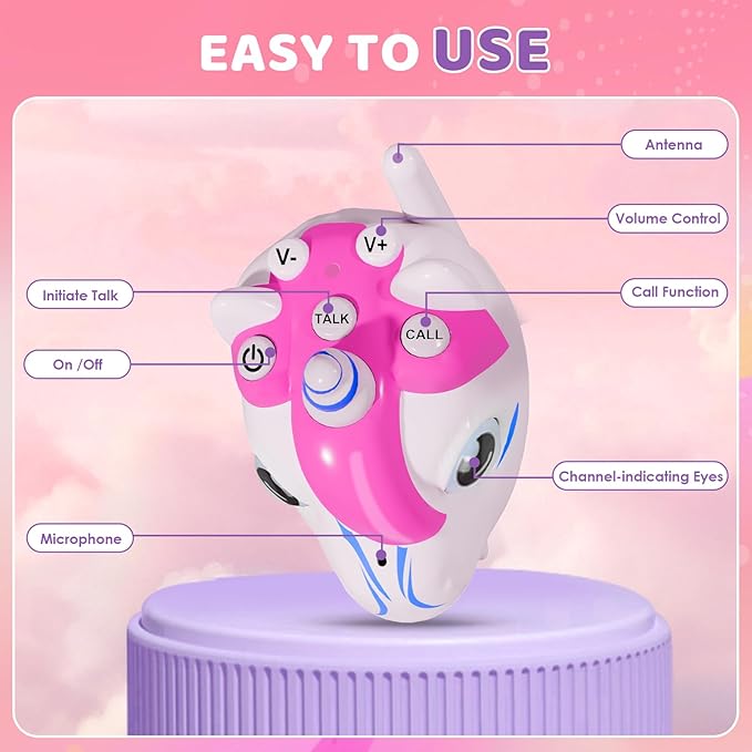 Unicorn Walkie Talkies for Kids, 2 Pack Camping Unicorn Outdoor Toys for Girls Age 3-12 Year Old, 3 Channel Toy Birthday Gifts Easter Halloween Christmas Stocking Stuffers (Pink + Blue)