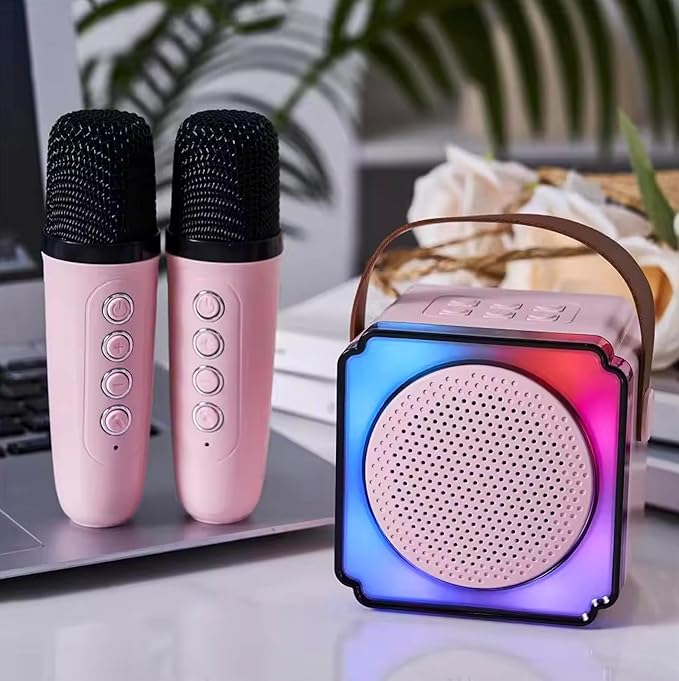 Portable Mini Karaoke Machine for Kids with 2 Wireless Microphones, Bluetooth Speaker, Fun Voice Effects, Lightweight Karaoke Toy for Girls & Boys (Pink)