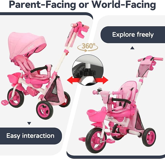 JMMD 8 in 1 Tricycle Stroller with Push Handle, Foldable Trike with 360° Swivel Seat, Reclining Backrest, All-Terrain Wheels, Dual Brakes, Canopy & Storage, Gift for Kids 18 Months to 5 Years, Pink