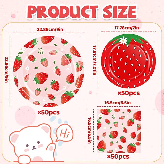 OuMuaMua Strawberry Birthday Decorations, 150 Pcs Disposable Fruit Paper Plates and Napkins Tableware Set for Summer Sweet One 1st Baby Shower Berry First Strawberry Themed Party Supplies, Serves 50