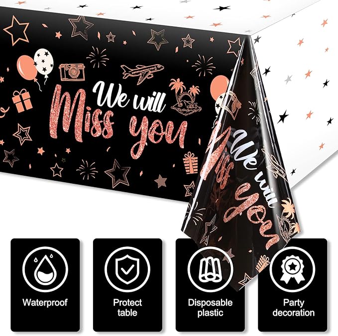 Tatuo 3 Pieces We Will Miss You Tablecloth Going Away Party Decorations Retirement Themed Table Cover Stars Disposable Plastic Table Cloth for Farewell Anniversary Party Supplies (Rose)