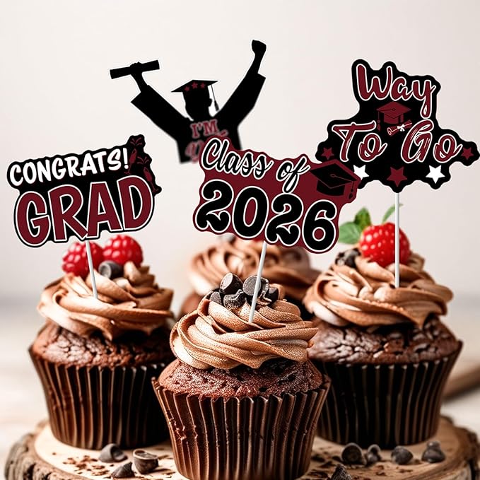 2026 Graduation Cupcake Toppers - 48 Pcs Maroon Graduation Party Supplies Mini Cake Food/Appetizer Picks For Class of 2026 Graduation Decorations