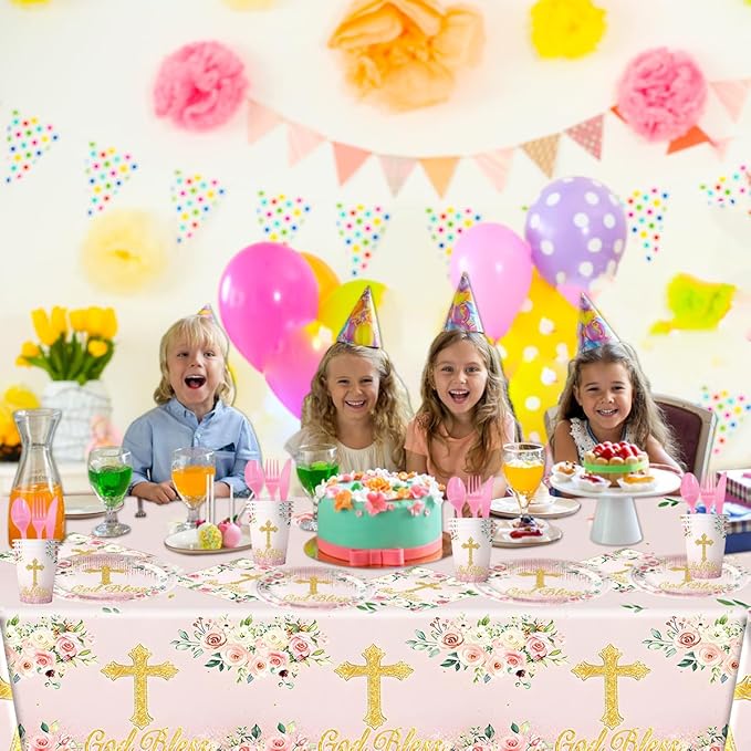 81Pcs Pink God Bless Party Tableware Set Pink First Communion Theme Decoration, Newborn Baptism Church Birthday Party Supplies