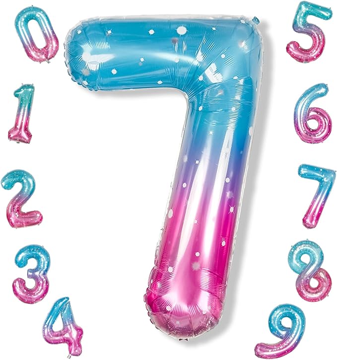 40 Inch Balloon Number 7 Mermaid, Large Mylar Foil Blue Pink Starry Number Seven Balloons Set for Girls Women, Rainbow Globos de Numero 7 Helium Balloons for Girls 7th Birthday Party Decorations