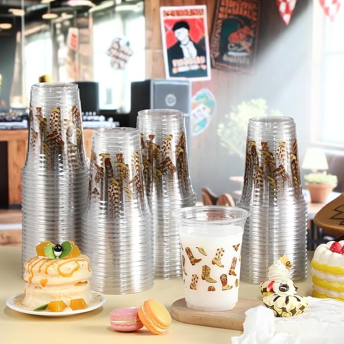 100 Pcs Western Plastic Cups 12 oz Clear Disposable Plastic Cowboy Cowgirl Drinking Cups Bulk for Boho Preppy Baby Shower Birthday Wild West Party Decoration Supplies(Cowboy Shoes,Brown)