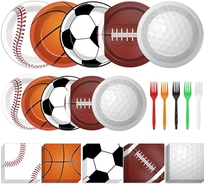 100 Pcs Sports Birthday Party Decorations Sports Themed Plates and Napkins Basketball Football Soccer Baseball Rugby Disposable Dessert Tableware Set for Boy Birthday Party Supplies Favors