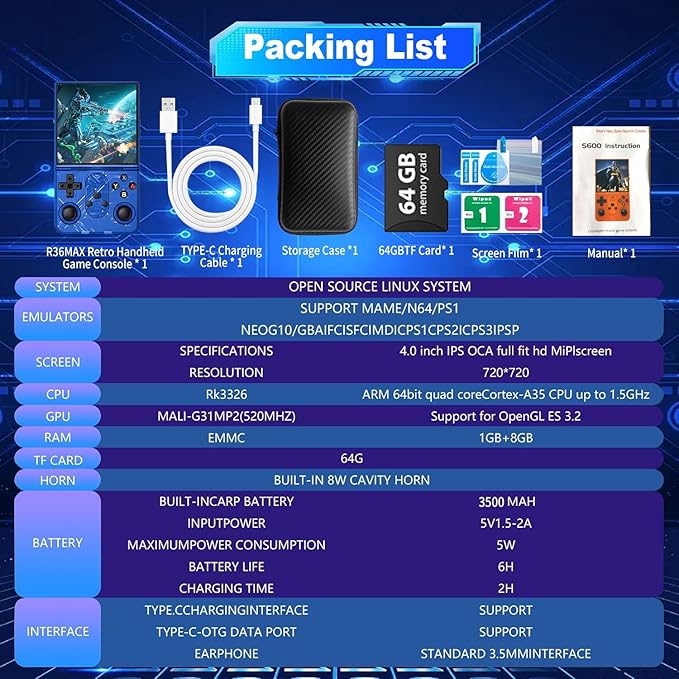 S600 Retro Gaming Console, Retro Handheld Console 4.0'' Screen Linux System, 64G TF Card, Support 30+ Simulators, 3500mAh Rechargeable Portable Pocket Arcade