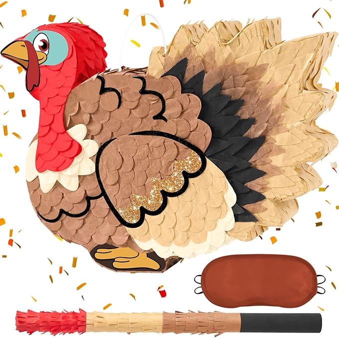WERNNSAI Thanksgiving Turkey Piñata - Fall Autumn Decorations Wild Turkey Brown Piñata Thanksgiving Party Games for Family Fall Festival Decor Party Favors with Blindfold