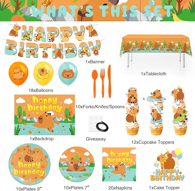 Capybara Birthday Decorations，Capybara Party Supplies，Capybara Party Decorations，Capybara Party Supplies Include Balloons,Backdrop,Banner, Cake Toppers，Tableware, Tablecloth