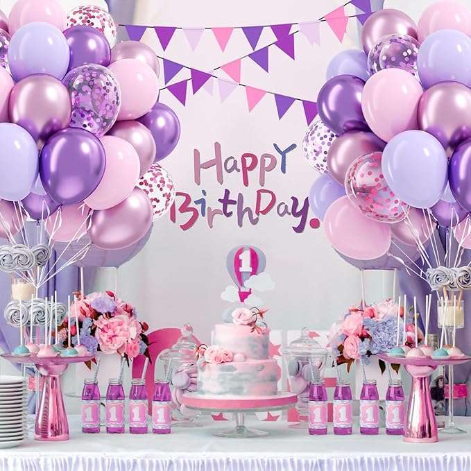 61pcs Pink and Purple Balloons, 12 Inch Purple Pink Confetti Latex Balloons, Metallic Balloon for Bridal Baby Shower Wedding Women Birthday Party Decorations