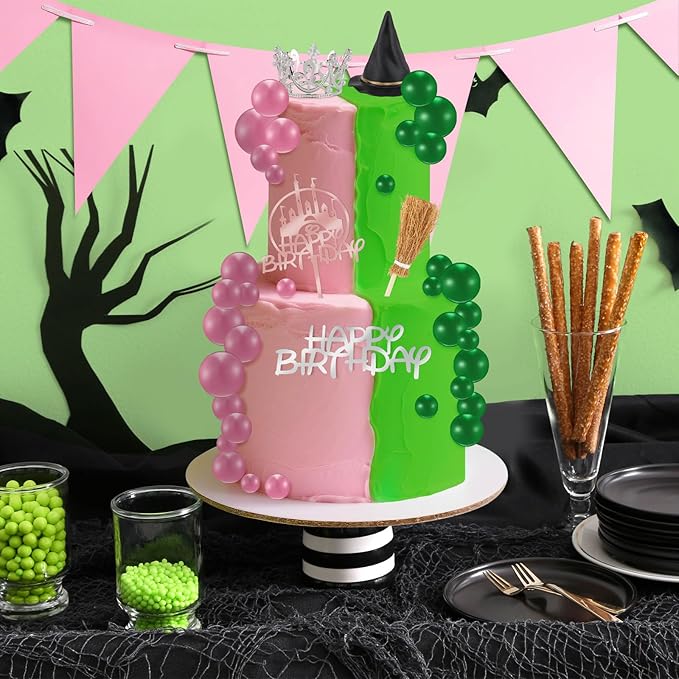 44PCS Witch Cake Topper Pink and Green Ball Cake Topper Witch Hat and Crown Cakes Topper for Girls Women Princess Birthday Party Supplies Halloween Cakes Decoration