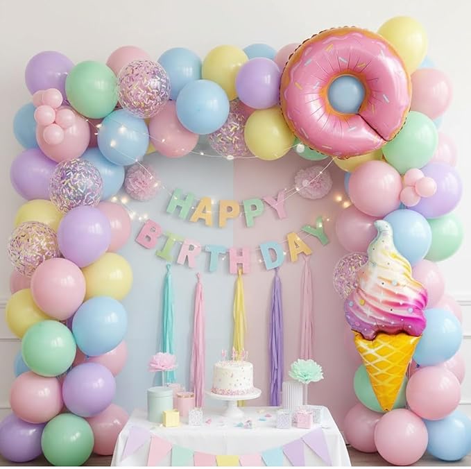 Pastel Balloons, 12 Inch Macaron Pink Purple Yellow Green Blue Confetti Balloons with Donut and Ice Cream Foil Balloon for Gilrs Easter Sweet Birthday Party Rainbow Baby Shower Decorations