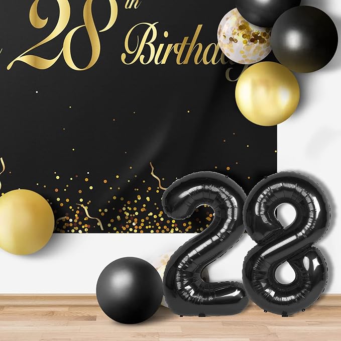 Happy 28th Birthday Balloons Black Set Decor - Cheers to 28 Years Old Party Theme Garland Banner Backdrop Decorations For Women and Men Supplies