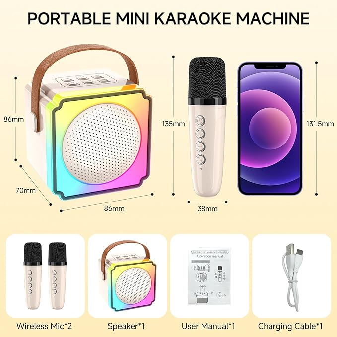 Mini Karaoke Machine for Kids and Adults,Portable Bluetooth Karaoke Speaker with 2 Wireless Microphones, Kids Karaoke Machine for Home Party,Birthday Gifts for Girls Boys（Beige）