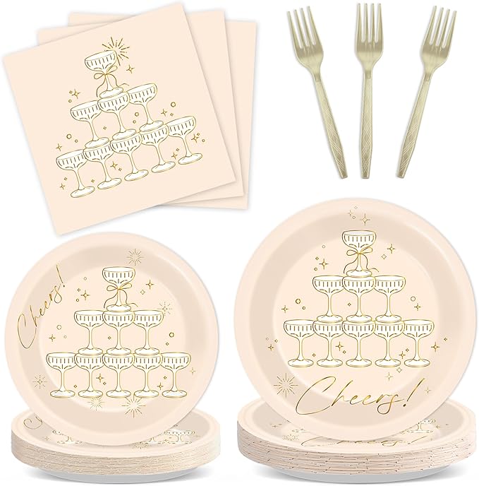 96PCS Champagne Tower Birthday Paper Plates Napkins Bachelorette Party Plates Cheers Champagne Gold Foil Disposable Dinnerware Tableware Sets for Wedding NYE Showers Supplies Decorations