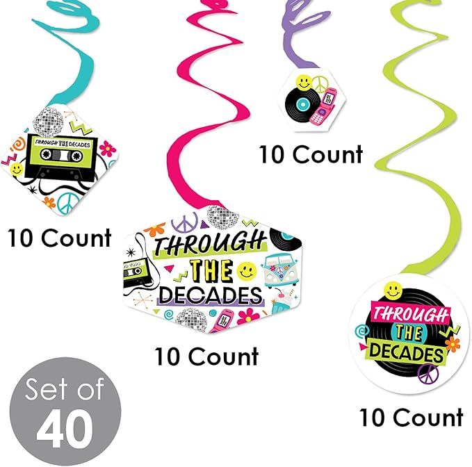 Big Dot of Happiness Through the Decades - 50s, 60s, 70s, 80s, and 90s Party Hanging Decor - Party Decoration Swirls - Set of 40