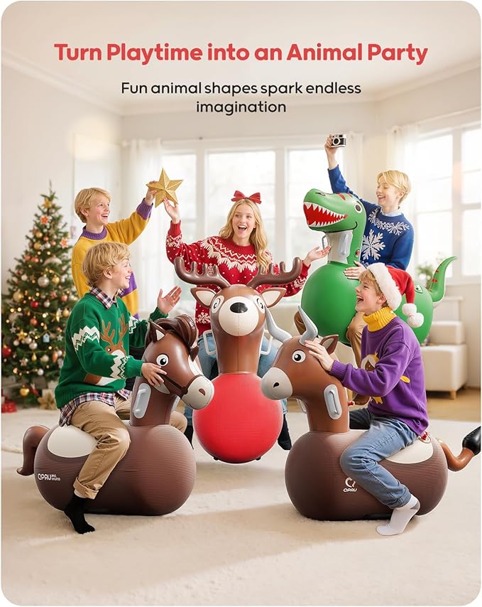 QPAU Large Inflatable Reindeer Hopper Bouncy Toy, 250lbs High Capacity Ride-on Animal for Kids & Adults, Soft Fabric Cover & Pump, Durable Puncture-Resistant Bouncer for Family Party Gift