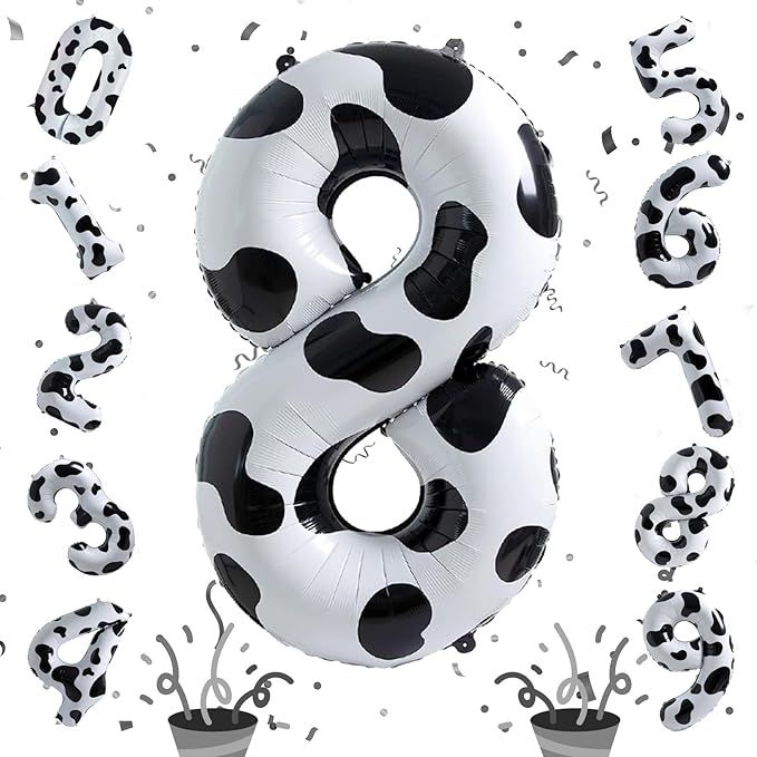 40 Inch Cow Print Number 8 Balloons, Large Foil 8th Birthday Balloon Decorations for Girls, Self Inflating Number 8 for Boys Birthday Party Farm Animal Theme Cowboy Cowgirl Theme Party Decor Supplies