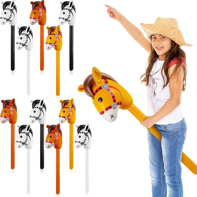 Chivao 12 Pieces Inflatable Stick Horse Cute Horse Head Stick Blow up Balloon Colorful Cowboy Cowgirl Party Decorations for Themed Birthday Party (White, Yellow, Brown, Black)