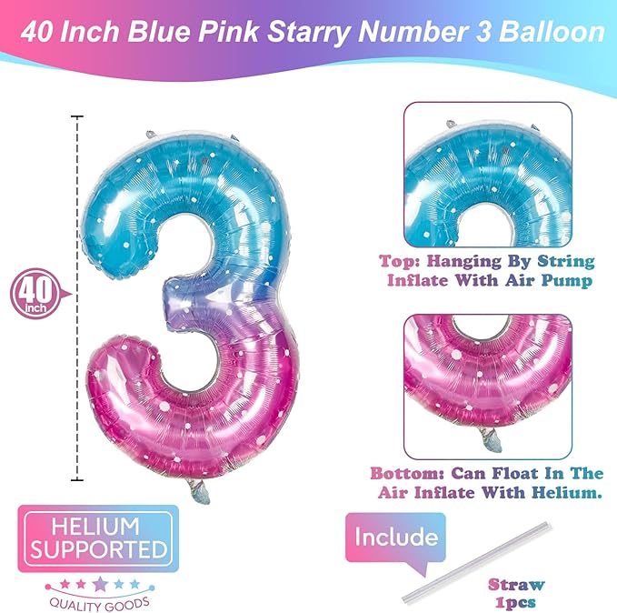 Large Blue Pink Starry 3 Balloons, 40 Inch Giant Mermaid Helium Mylar Foil Globos Numero for Girls, Self Inflating Rainbow 3rd Birthday Balloon for Women Three Anniversary Party Decorations Supplies