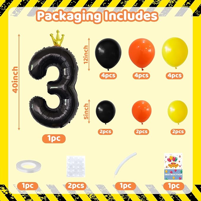 Black Number 3 Balloon 40 Inch Construction Number Three Foil Balloons Tower with Excavator Digger Truck for Boys Third 3rd Birthday Party Decorations Giant Large Digital Aluminum Balloons Stack