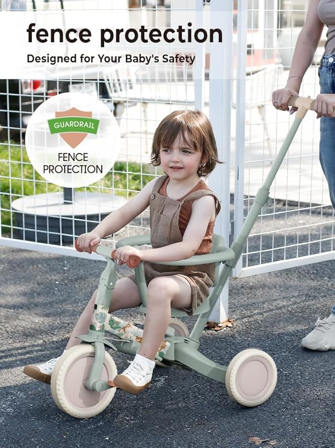 newyoo Lume TR008 Tricycle for Toddlers 1-3, 5-in-1 Push Bike with Parent Handle & Safety Guard, Convertible Balance Bike, Ideal Gift for 1-3 Year Olds, Moss