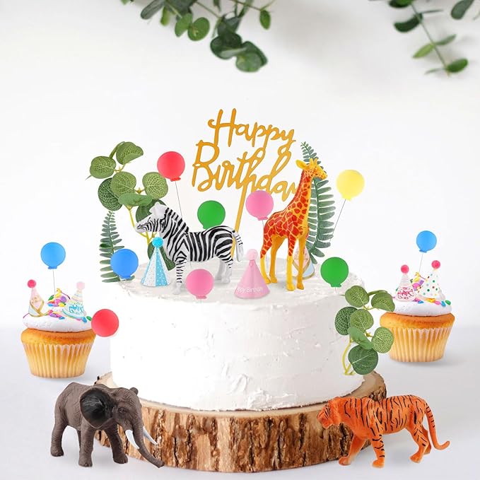Hooqict 34 Pcs Safari Animal Cake Toppers with Mini Birthday Party Hats Party Animal Birthday Decorations Jungle Cake Decorations for Kids Wild Zoo Theme Party Decorations